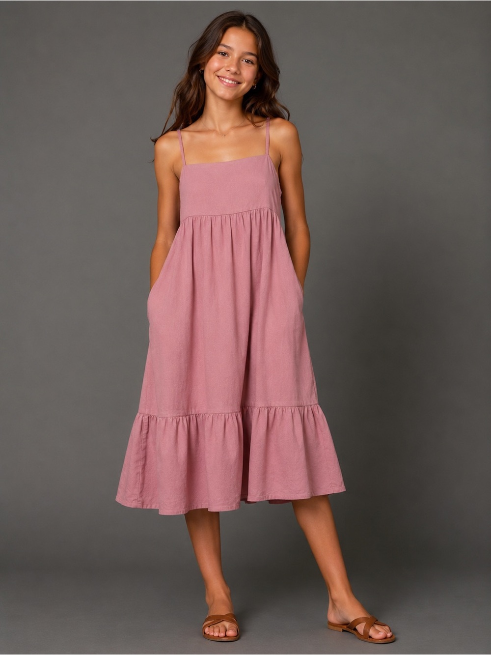UNIQLO Girls Pink Tiered Camisole Sundress Size 160 Adjustable Straps Pockets